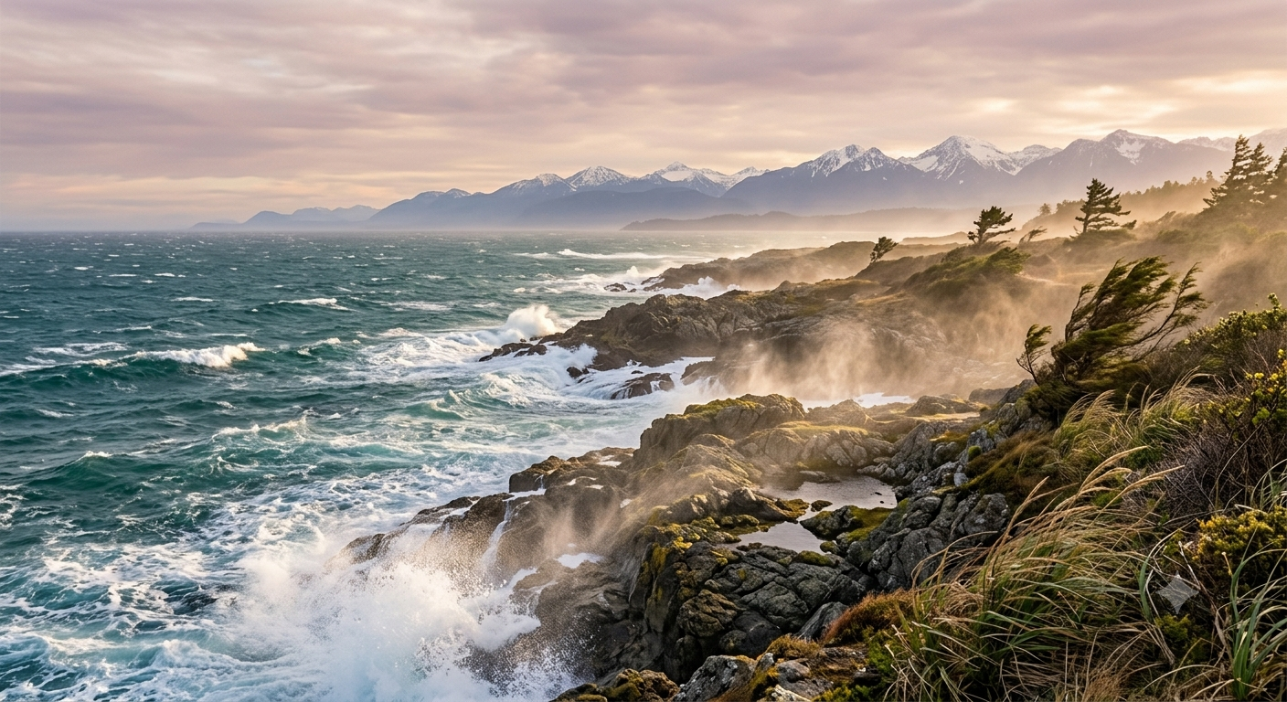 Coastal cliffs and mountains at sunset