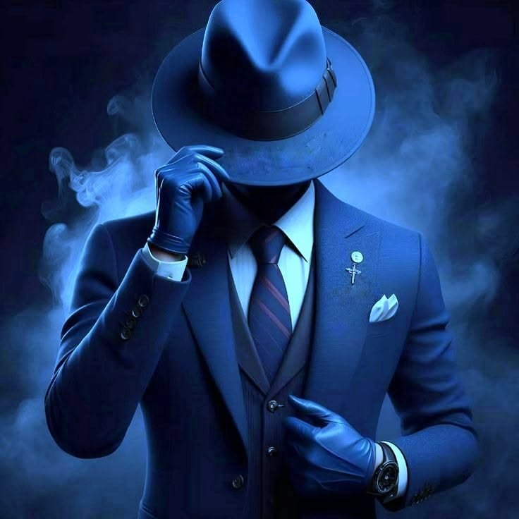 Figure in a blue suit and hat
